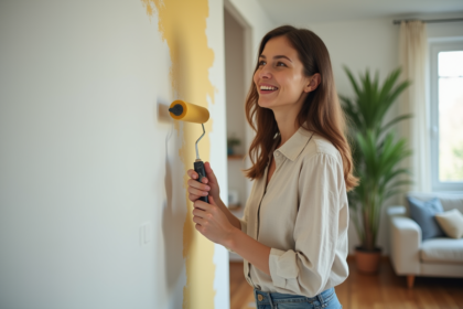 Femme en blouse en lin peignant un mur intérieur moderne