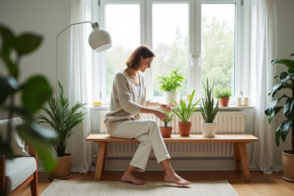 Femme arrangeant plantes vertes dans un salon scandinave lumineux