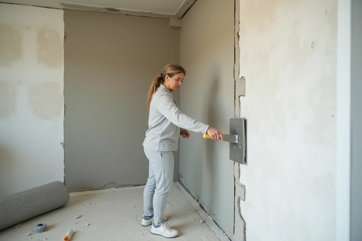 Femme rénovatrice lissant l'enduit sur une toile en fibre de verre appliquée sur un mur en mauvais état