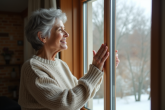 Femme d'âge moyen examinant une fenêtre double vitrage dans son salon
