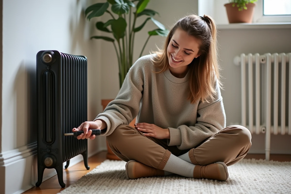 Jeune femme fixant les pieds d un radiateur en fonte