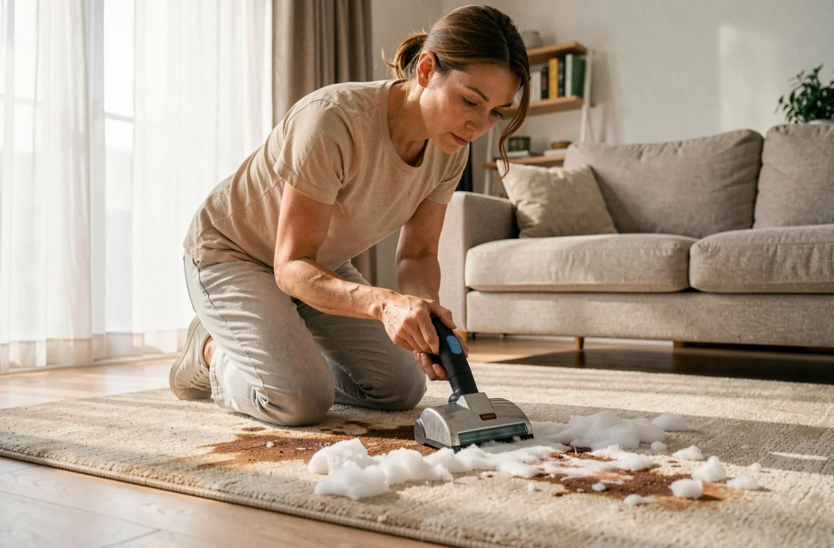 Femme utilisant une shampouineuse sur un tapis beige dans un salon moderne, vue rapprochée du processus de nettoyage