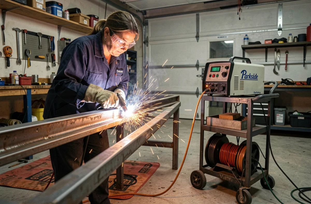 Femme utilisant une soudeuse Parkside avec fil fourré dans un atelier garage avec étincelles visibles