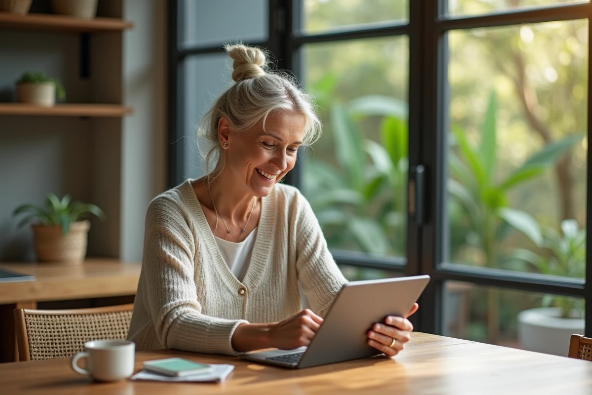Femme souriante utilisant une tablette dans une cuisine écologique