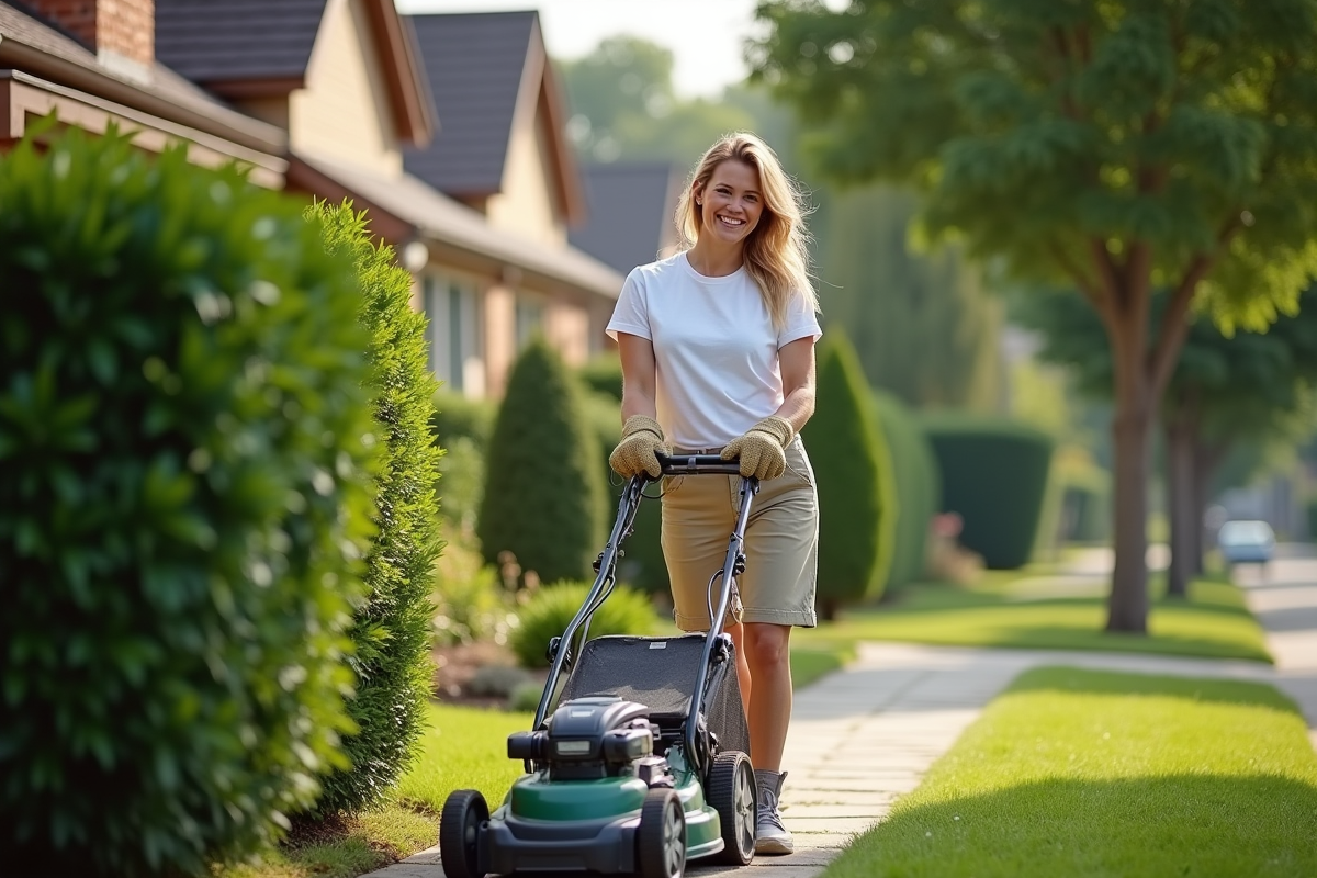 Femme souriante en train de tondre dans un jardin résidentiel paisible