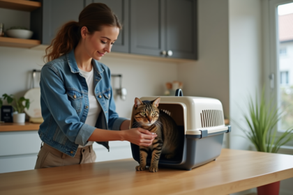 Femme en denim transportant un chat dans une cage