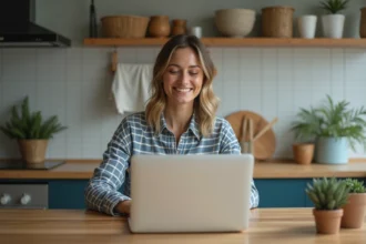Femme assise à la cuisine avec ordinateur portable