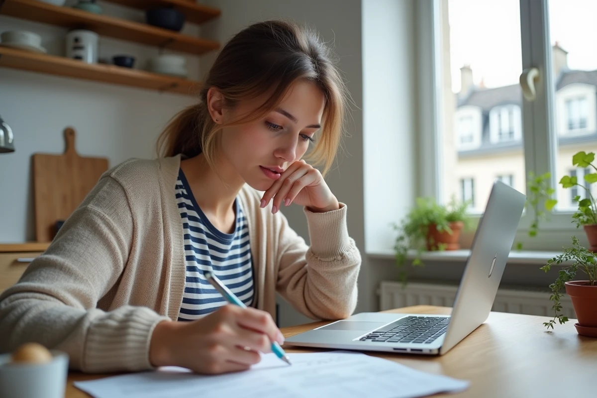 Jeune femme travaille et note chez elle Ă Paris