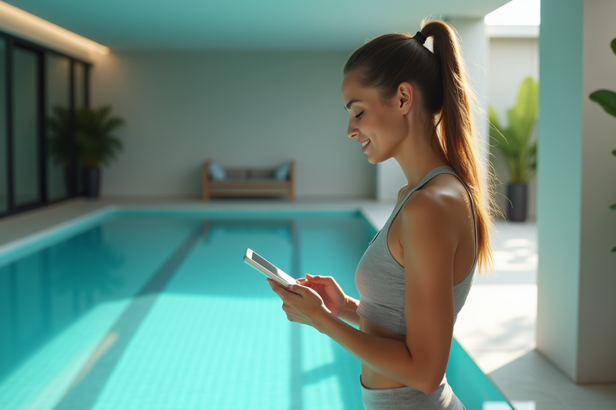 Femme contrôlant le niveau de sel dans une piscine intérieure