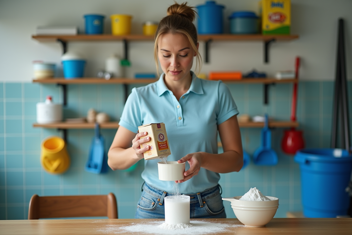 Femme versant du bicarbonate dans un seau d