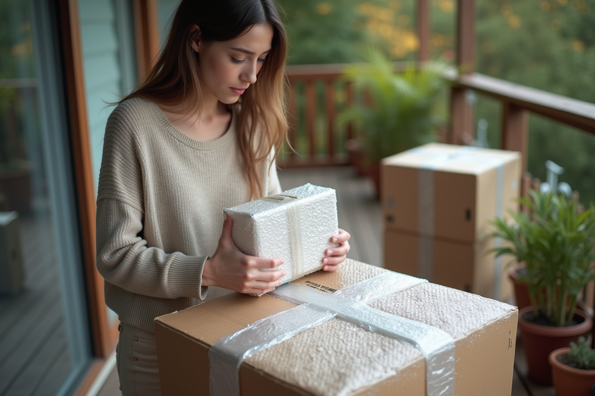 Jeune femme emballant un colis sur une terrasse