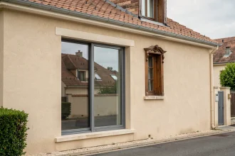 Façade de maison avec fenêtres dépareillées aux styles architecturaux incompatibles