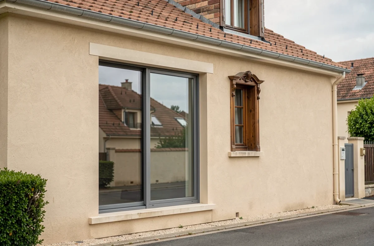 Façade de maison avec fenêtres dépareillées aux styles architecturaux incompatibles