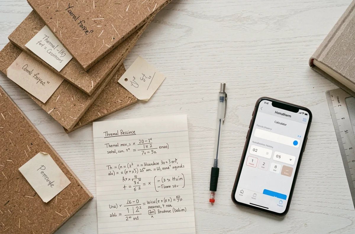 Vue à plat de panneaux de fibre de bois de différentes épaisseurs avec notes de calcul et calculette Homatherm sur smartphone