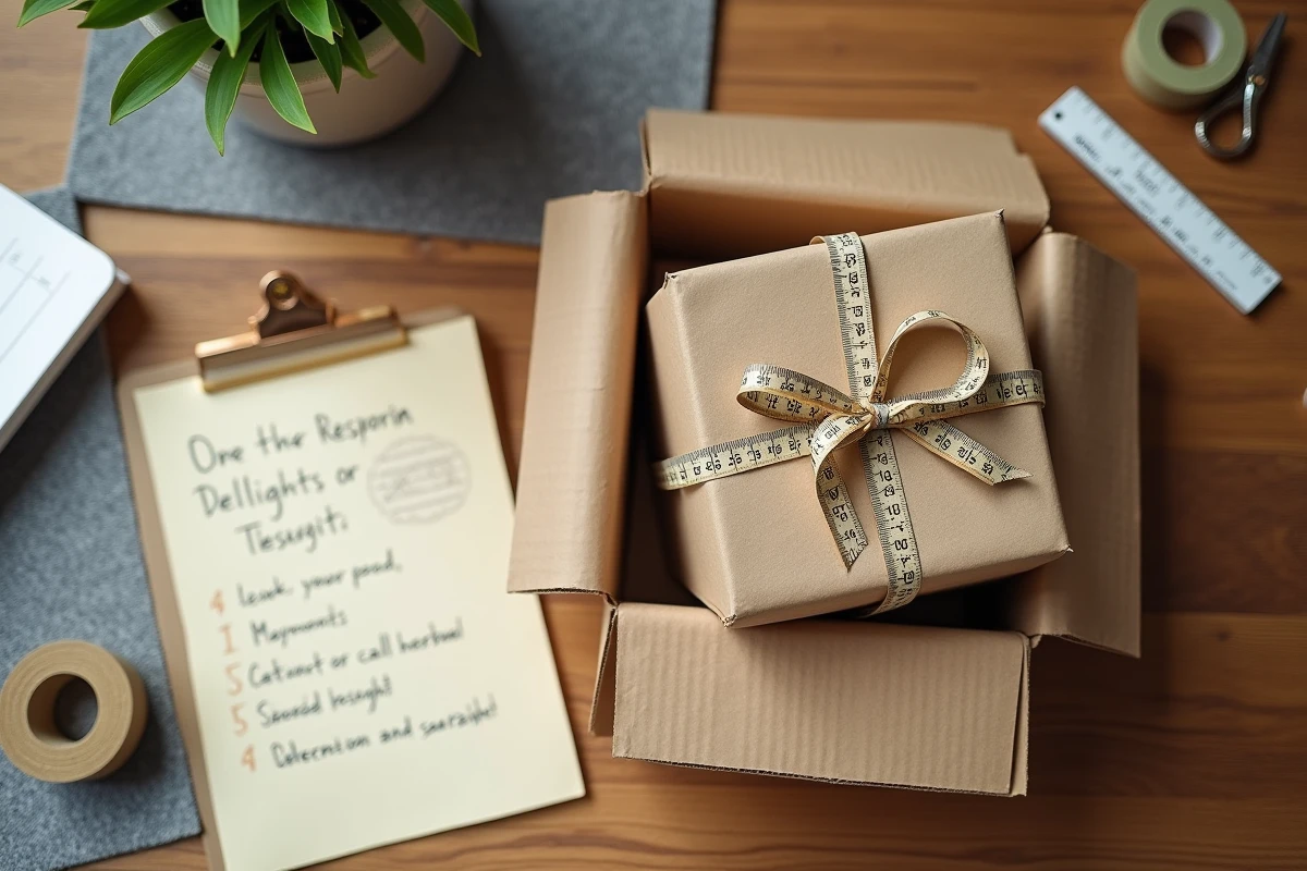 Vue de dessus d'une boîte cadeau vide ouverte avec un mètre ruban et une liste de mesures manuscrites sur un bureau en chêne naturel