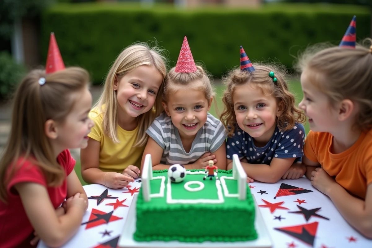Enfants réunis autour d'un gâteau d'anniversaire terrain de football en plein air avec décorations de fête thème foot