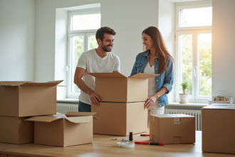 Carton de déménagement avec des objets prêts à être emballés