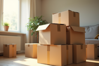 Cartons de déménagement usés montrant signes d'usure et de fatigue