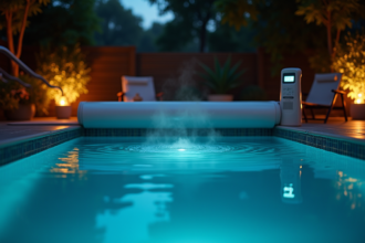 Bassin de piscine couvert pour conserver la chaleur nocturne
