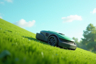 Robot tondeuse en action sur un terrain en pente verdoyant