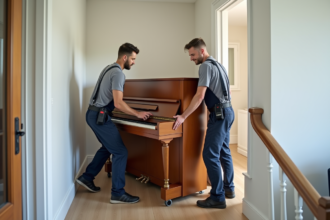 Déménagement d'un piano droit avec précautions et outils adaptés