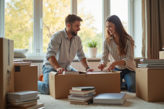 Cartons de déménagement empilés dans un nouvel appartement désencombré