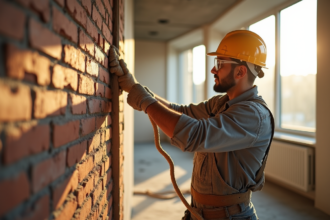 Mur affaissé avec signes de faiblesse structurelle et fissures visibles