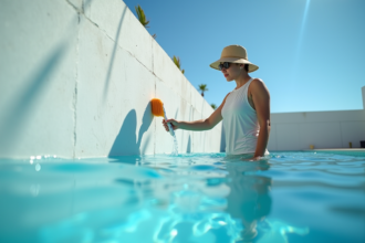 Algues moutarde envahissant une piscine trouble et peu engageante