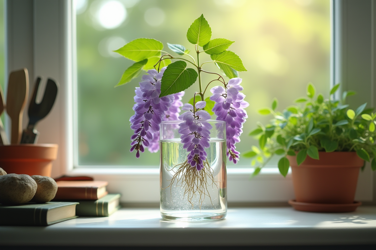 Glycine en eau sur une fenêtre lumineuse avec outils de jardinage