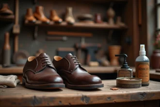 Chaussures en cuir Oxford brun posées sur un établi de cordonnier avec un pot de graisse et un imperméabilisant spray