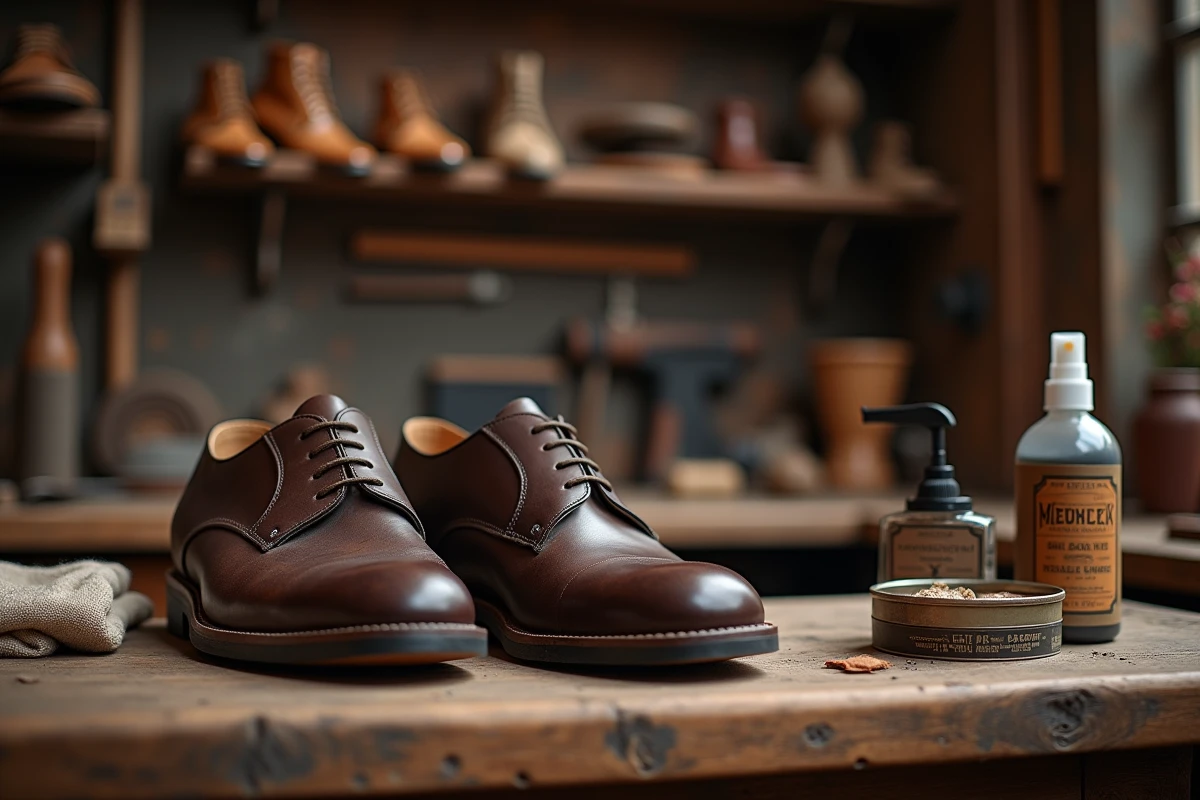 Chaussures en cuir Oxford brun posées sur un établi de cordonnier avec un pot de graisse et un imperméabilisant spray