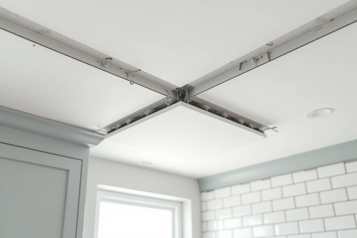 Grille métallique de faux plafond avec dalles acoustiques posées dans une cuisine moderne