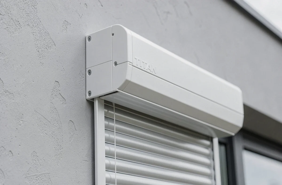 Gros plan sur le coffret TITAN de volet roulant installé au-dessus d'une fenêtre contemporaine