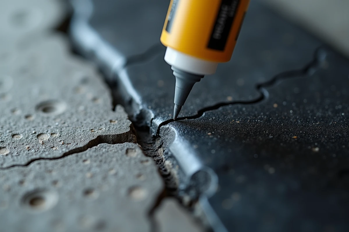 Gros plan sur une fissure de plastique automobile réparée avec une colle structurelle sur sol en béton