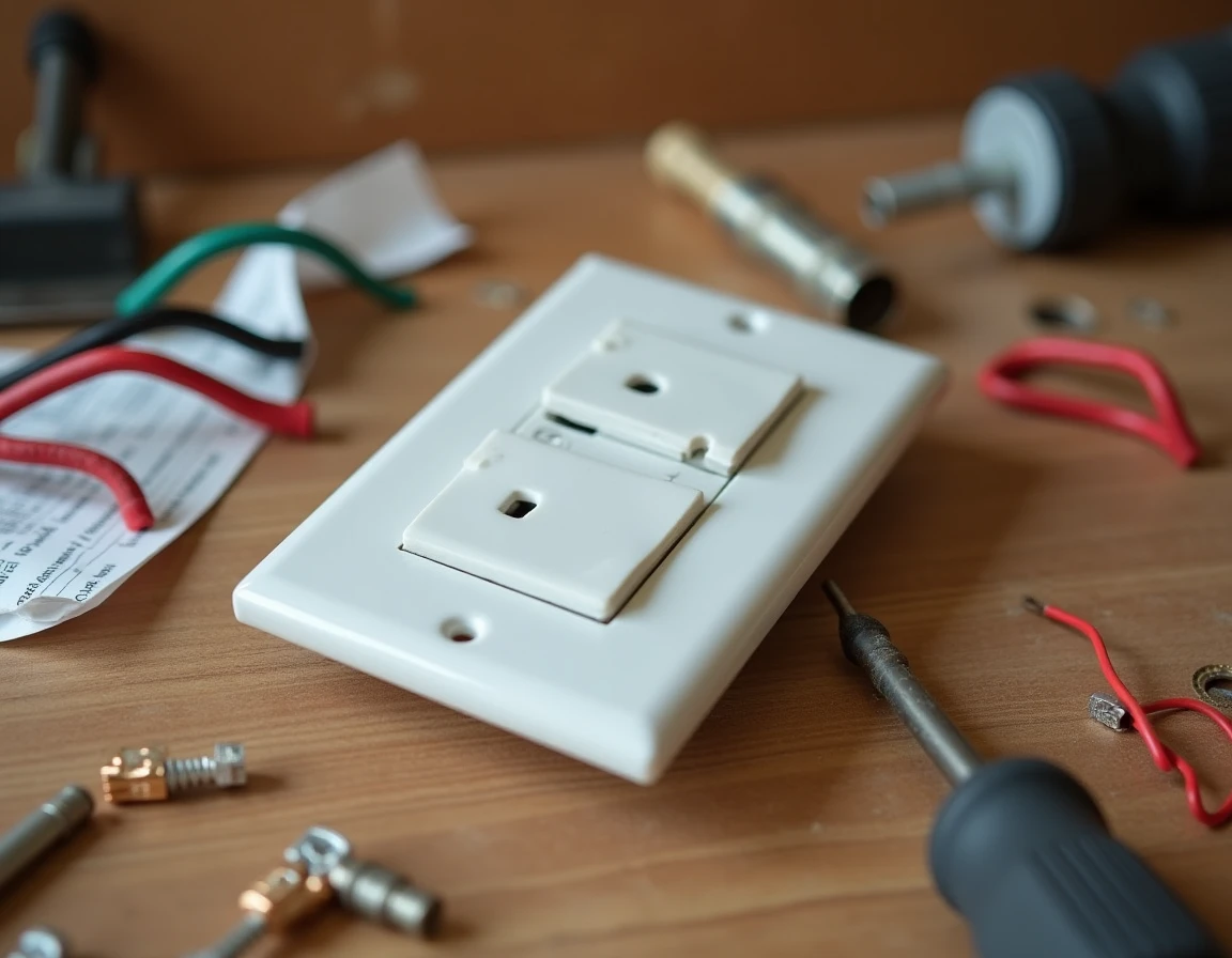 Gros plan d'un interrupteur Legrand double va-et-vient démonté avec câbles colorés et schéma de câblage sur établi en bois