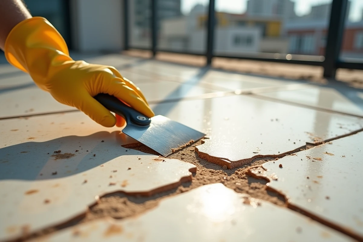 Gros plan sur un joint époxy fissuré et décollé entre carreaux de carrelage extérieur