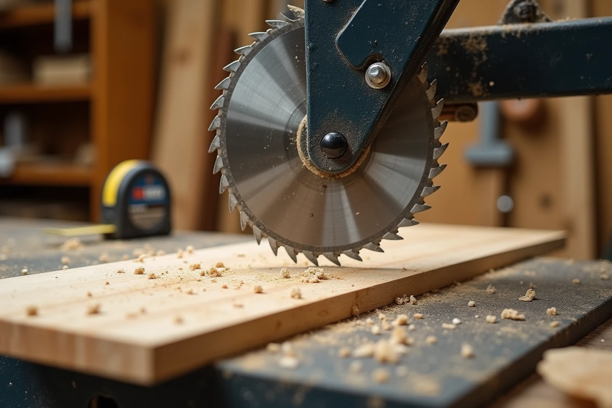 Gros plan sur la lame d'une scie radiale professionnelle avec coupe nette sur un panneau de pin massif en atelier