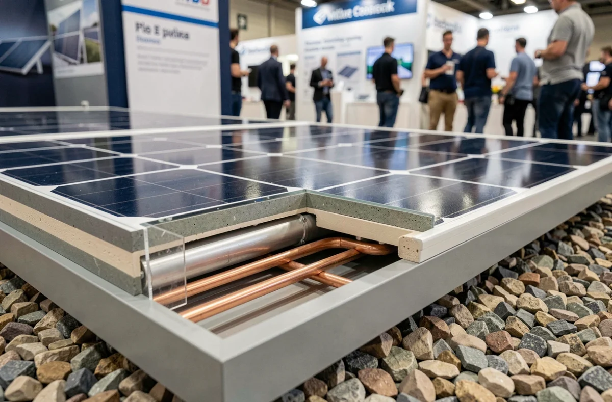 Gros plan sur la structure interne d'un panneau solaire hybride exposé lors d'un salon professionnel
