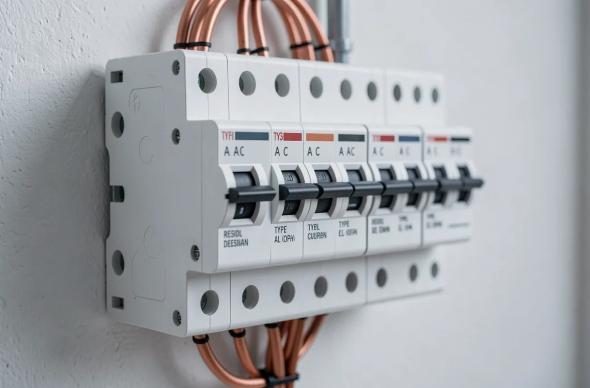 Gros plan sur un tableau de répartition électrique avec interrupteurs différentiels de type A et AC et câblage cuivre organisé