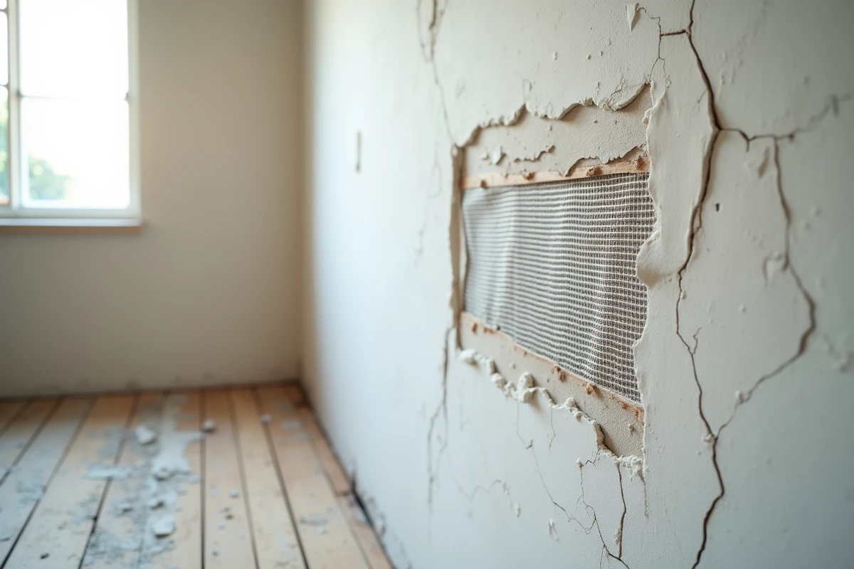 Gros plan sur une toile en fibre de verre intégrée dans l'enduit sur un mur abîmé en cours de rénovation