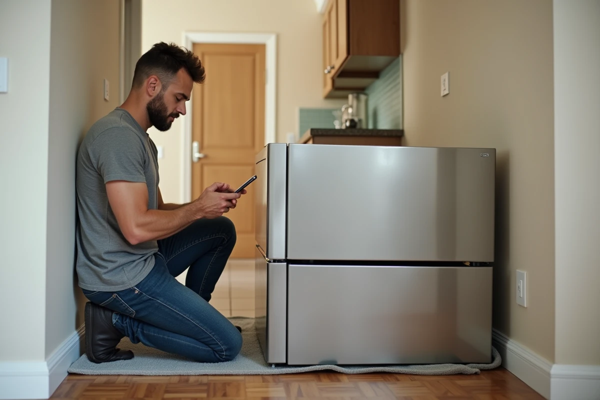 Homme attendant à côté d'un réfrigérateur couché dans un couloir d'appartement