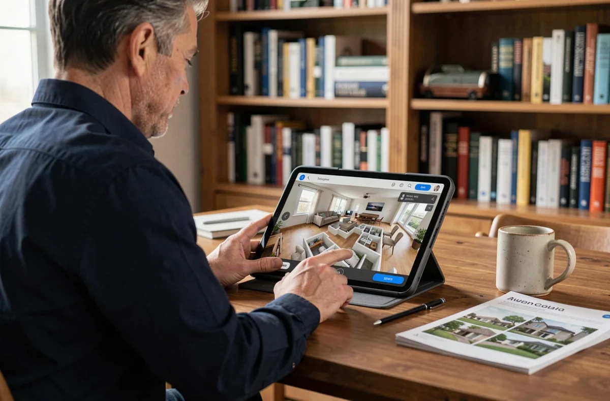 Homme en télétravail naviguant sur une application de visite virtuelle immobilière 360 sur tablette