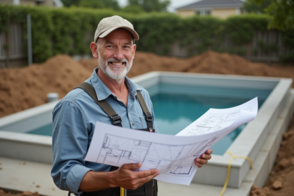 Homme souriant avec plans et mètre près d'une piscine en construction