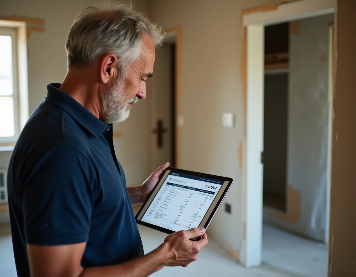 Homme consultant un devis de travaux sur tablette dans un appartement en rénovation, comparant les postes du devis au chantier réel