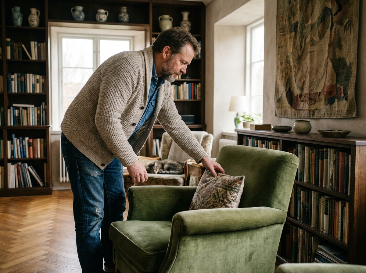 Homme arrangeant coussins dans un salon chaleureux