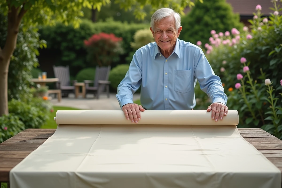 Homme posant une housse de table en extérieur