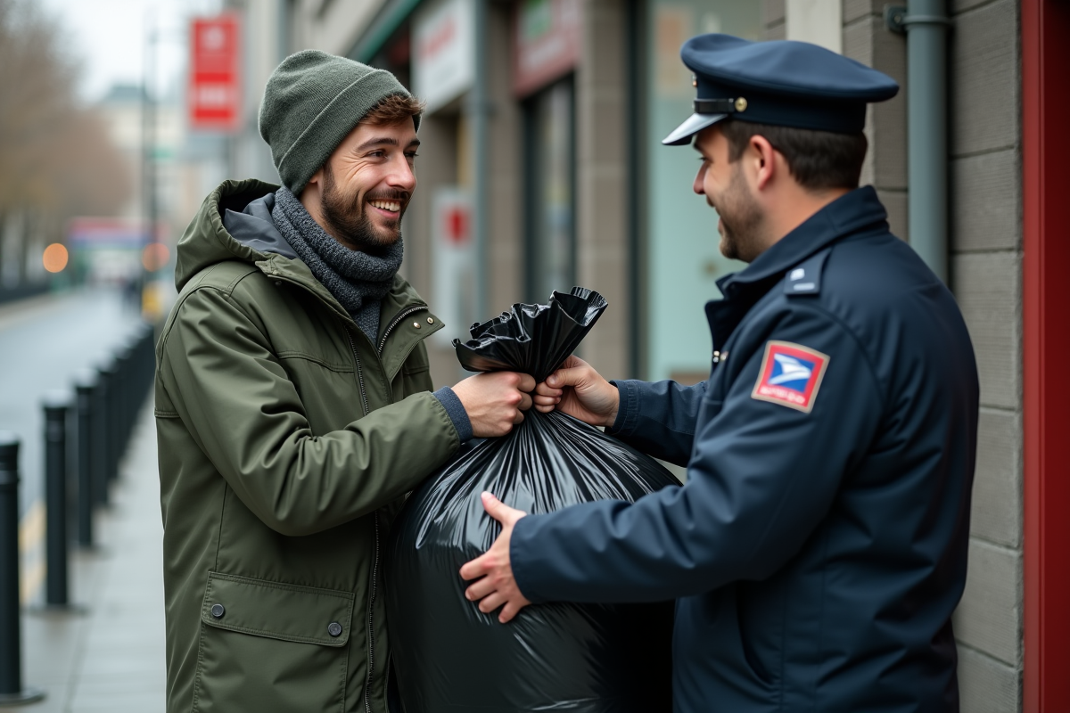 Homme donnant un sac poubelle à un facteur devant la poste