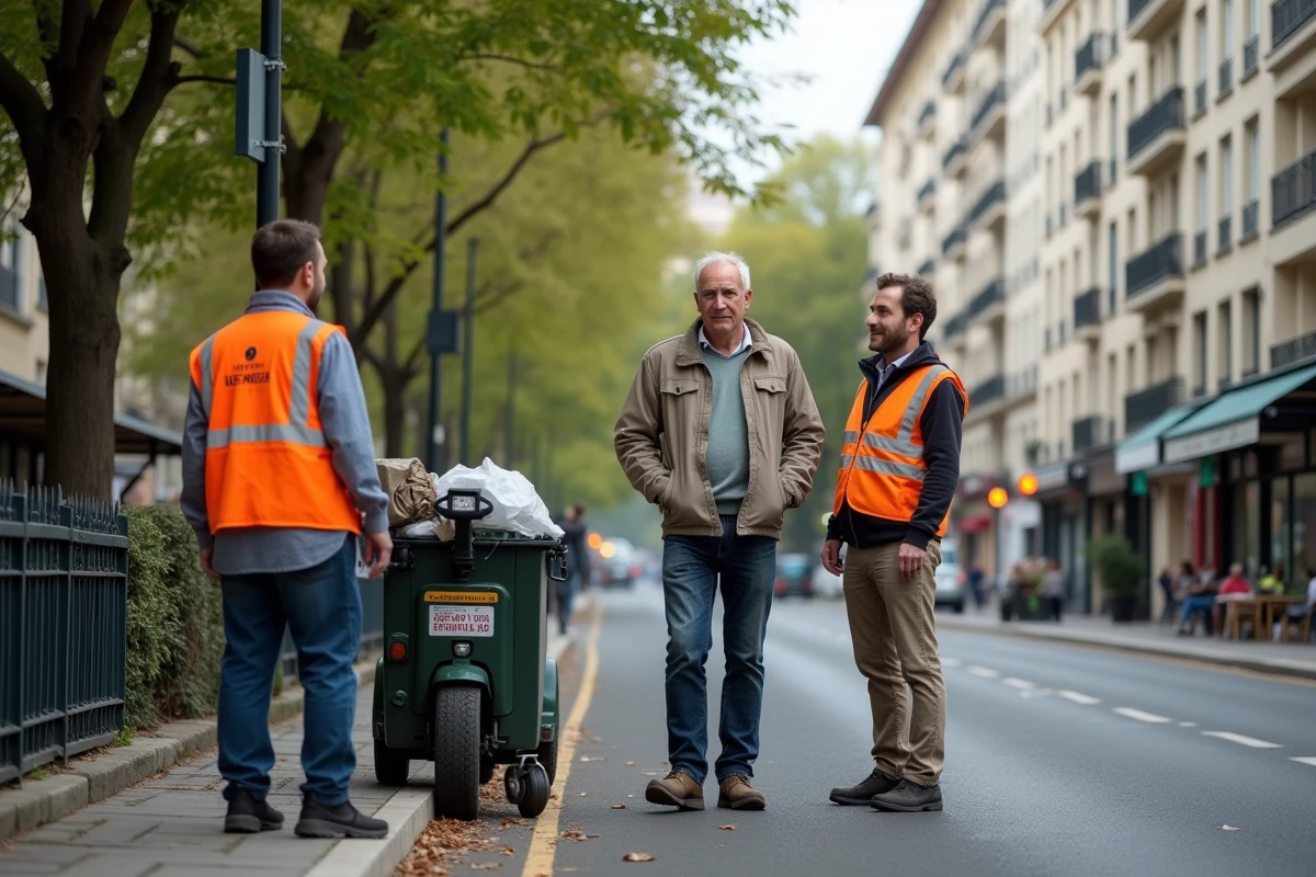 Homme discutant avec agents municipaux devant camion de déménagement