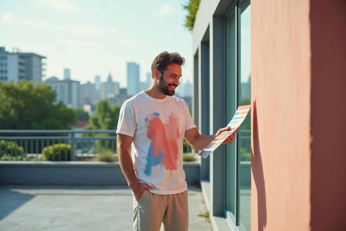 Homme examinant des échantillons de couleurs en extérieur