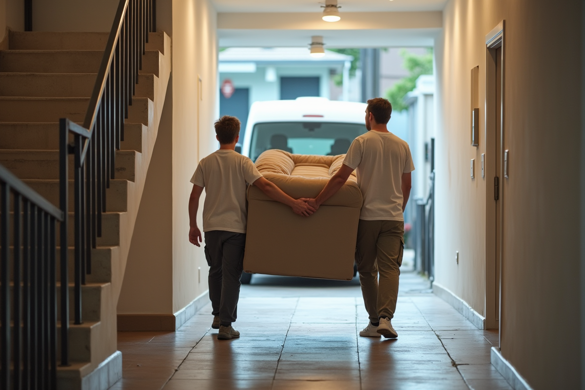Homme et adolescent portant un canapé dans un hall d